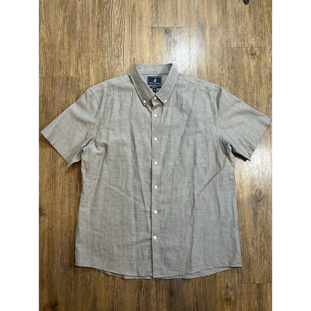 Wool & Prince Mens Sz XL Button Down Short Sleeve Shirt Wool Linen Gray Stripe